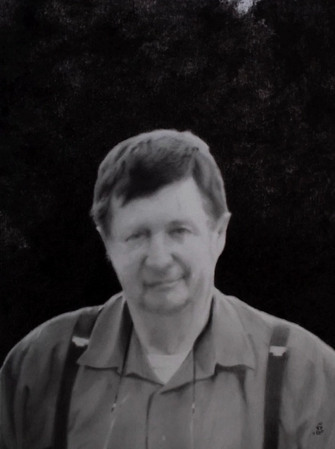 dessin, portrait en noir et blanc d'un homme d'âge mûr, d'après photo, au Fusain et Graphite